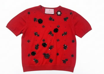 Wine Cashmere Top with 3d Flowers